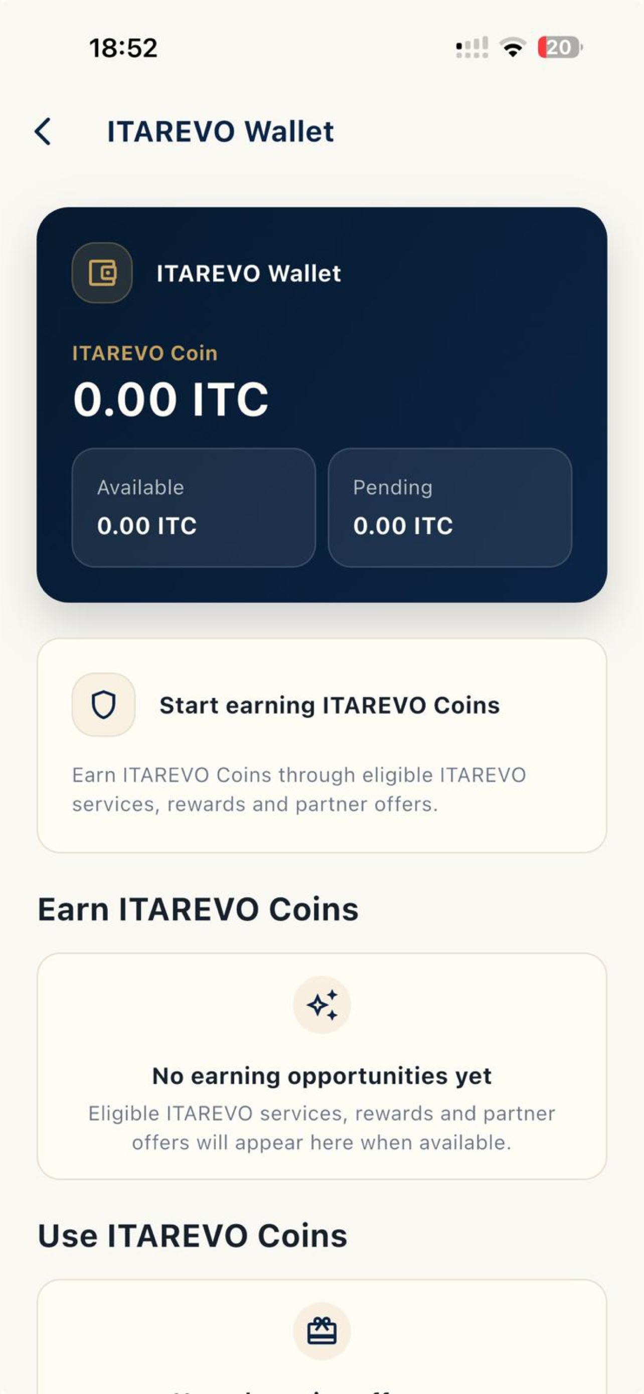 ITAREVO Wallet showing ITAREVO Coin balance and rewards sections
