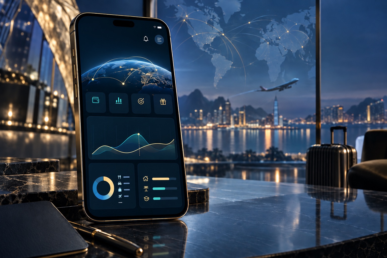 ITAREVO Finance app in a premium travel setting with a city skyline beyond
