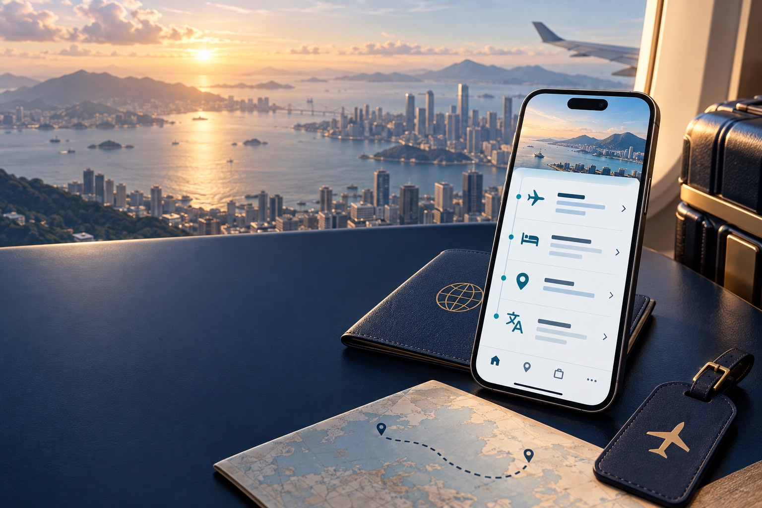ITAREVO Travel app beside a coastal city view at sunset